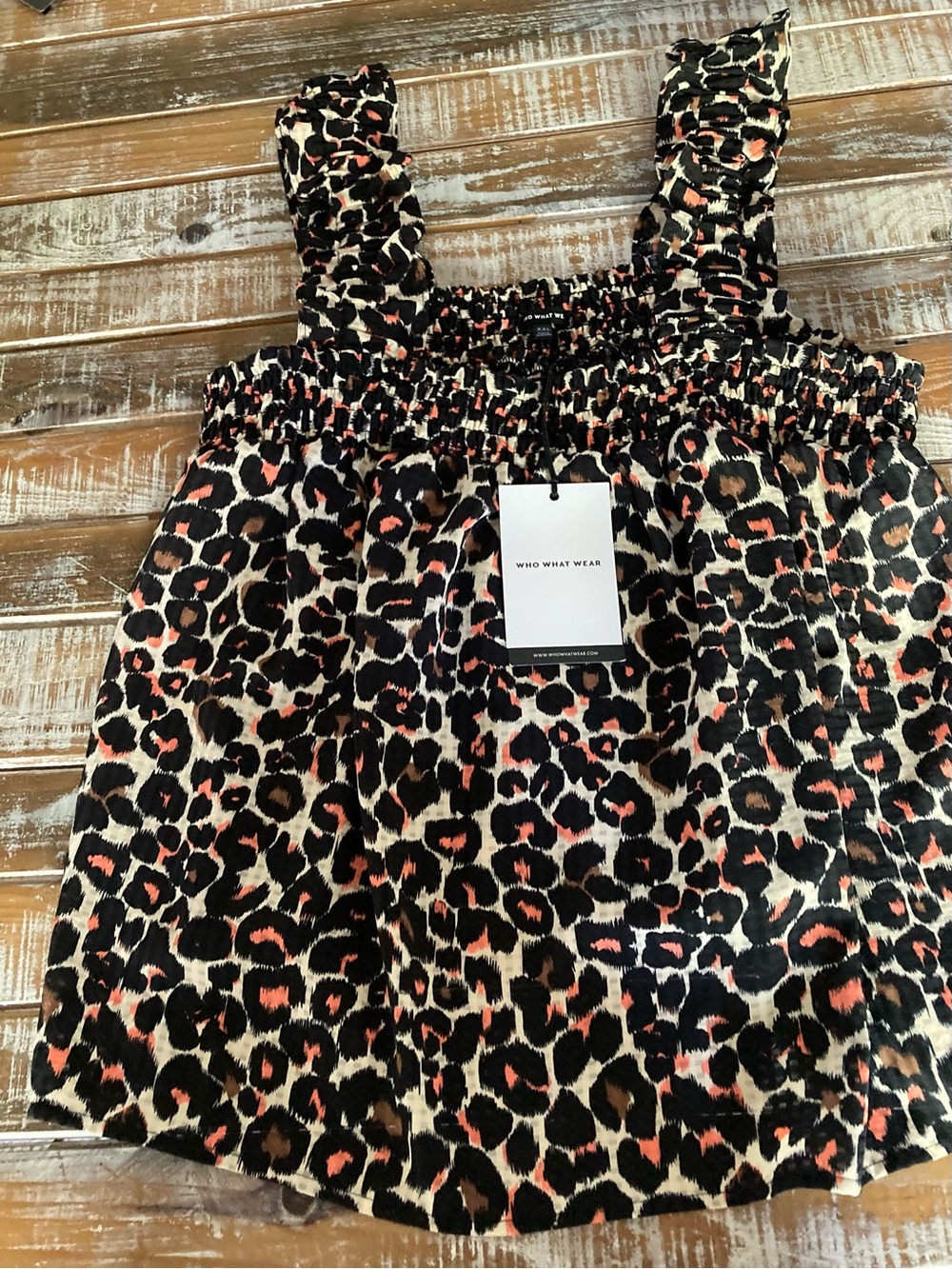 Who What Wear Black and Coral Leopard Smocked Tank Top